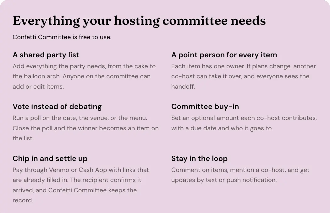 A shared list, a point person, polls, a buy-in, chip-ins, and updates.