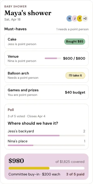 Maya's shower, with a point person on each item, an open poll, and a committee buy-in.