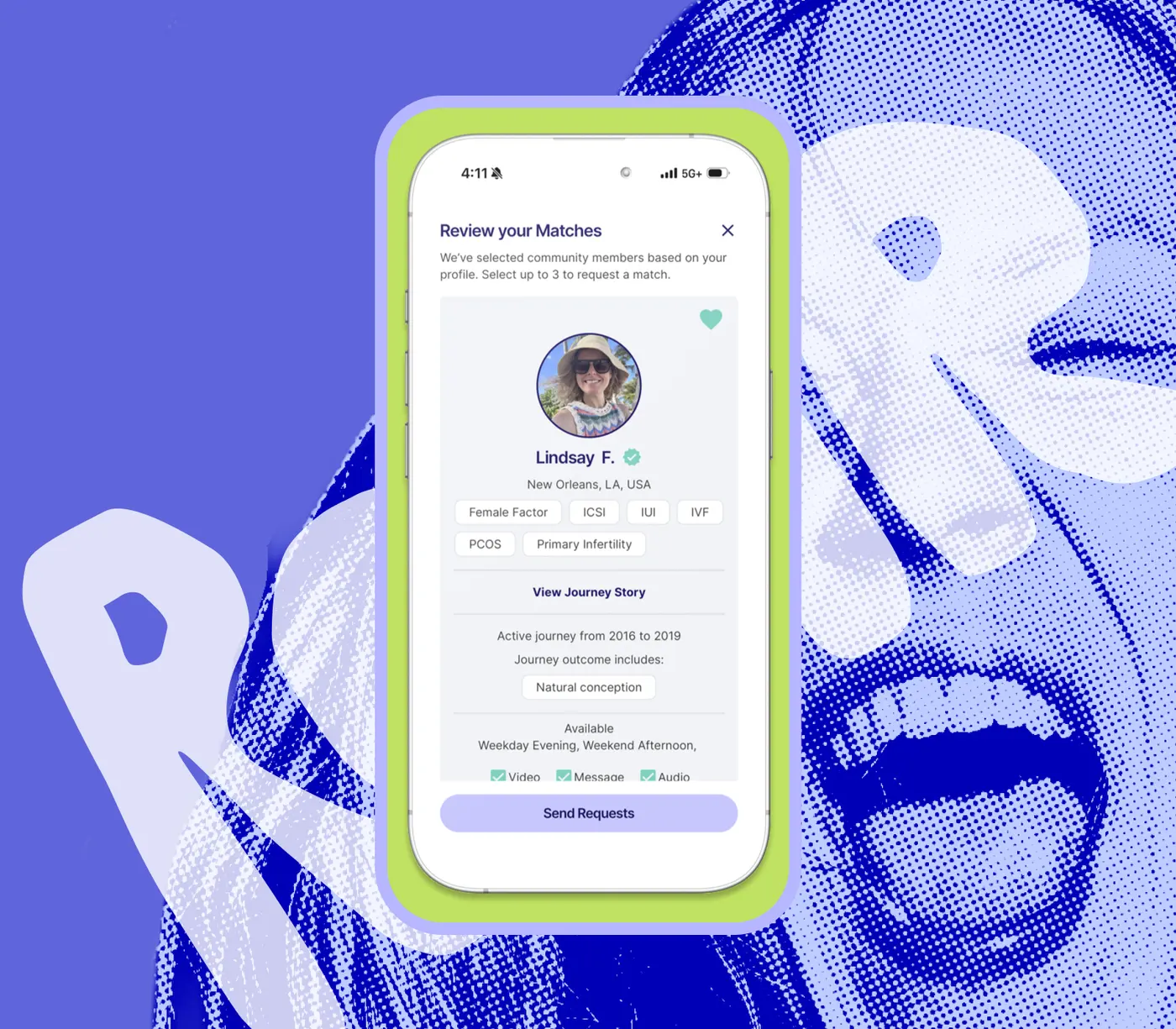 Review your Matches screen, with journey tags and a request to connect